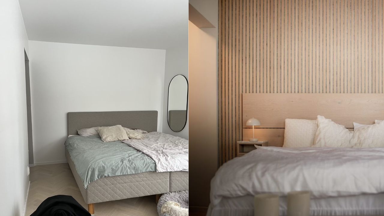 Split image: left, a minimal bedroom with grey bed and mirror; right, a bed with Akupanel wood acoustic panels and soft lighting for a tranquil retreat.